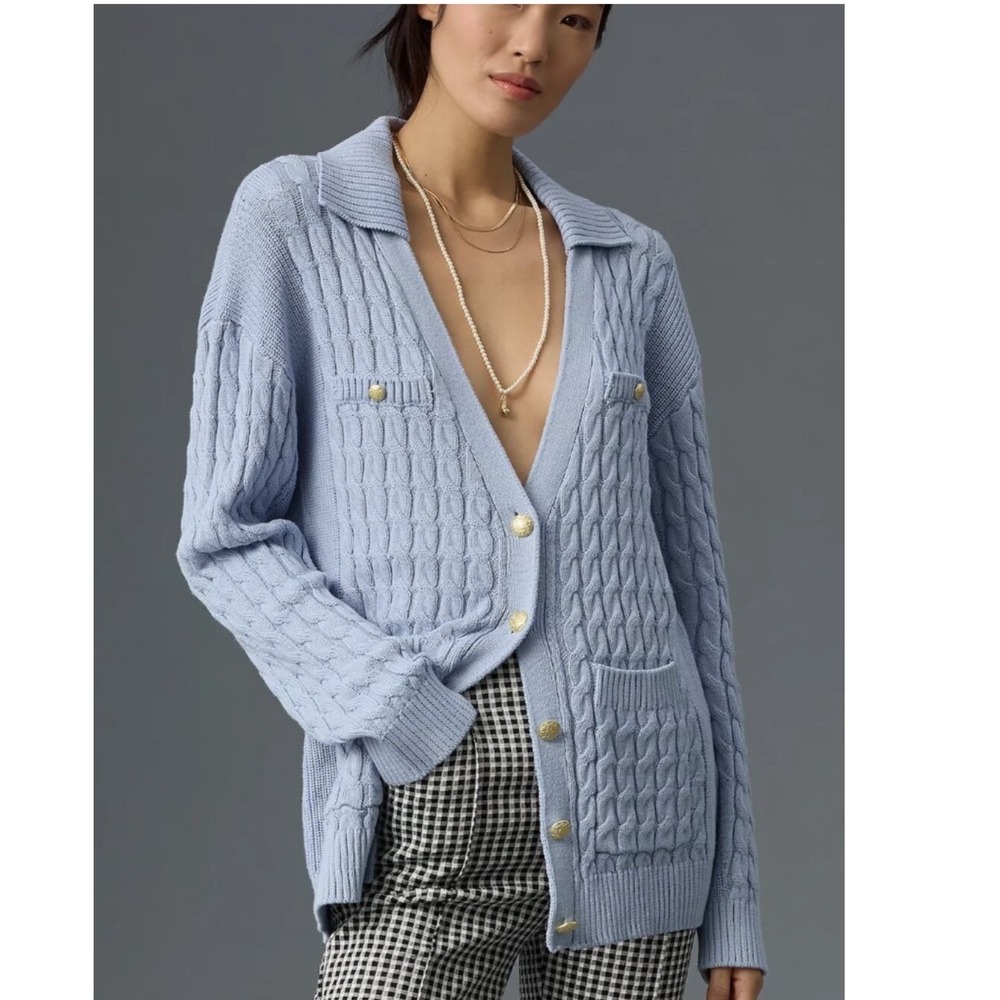 Anthropologie V-Neck Cable-Knit Cardigan Sweater Baby Blue Medium NWT